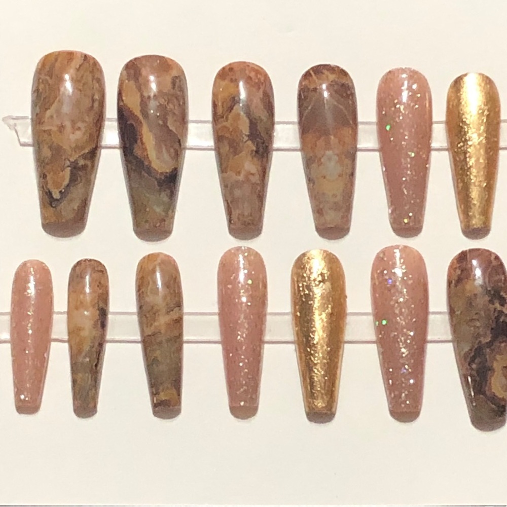 Handmade Custom Press on Nails Long Coffin UV Gel Brown Tan Marble Gold Metallic - Picture 4 of 9